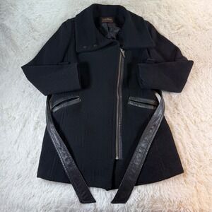 Cole Haan Black Wool Blend Asymmetrical Zipper Belted Coat Women's Size‎ 8